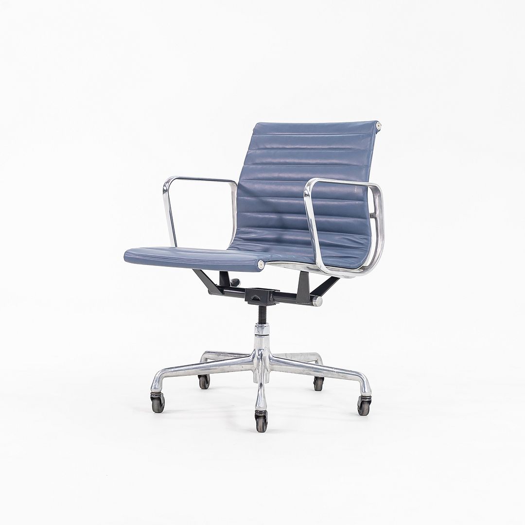 SOLD 2010s Aluminum Group Management Desk Chair, Model EA335 by Charles and Ray Eames for Herman Miller in Blue Leather 2x Available