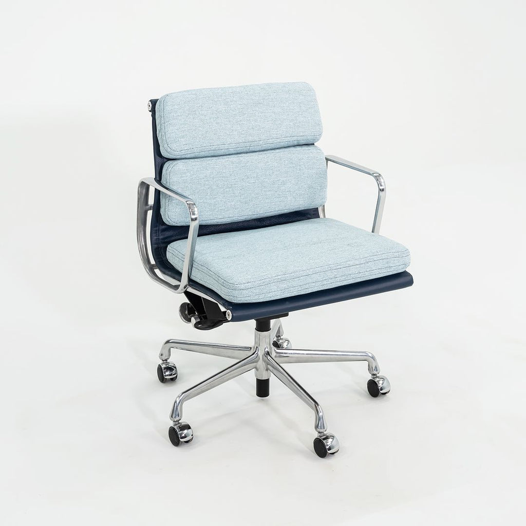 SOLD 2010s Herman Miller Eames Management Soft Pad Desk Chair in Two-Tone Blue Fabric and Dark Blue Leather