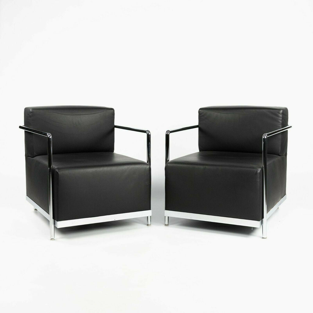 2010s Pair of Bernhardt Design Brellin Lounge Chairs in Black Leather with Chrome Frames