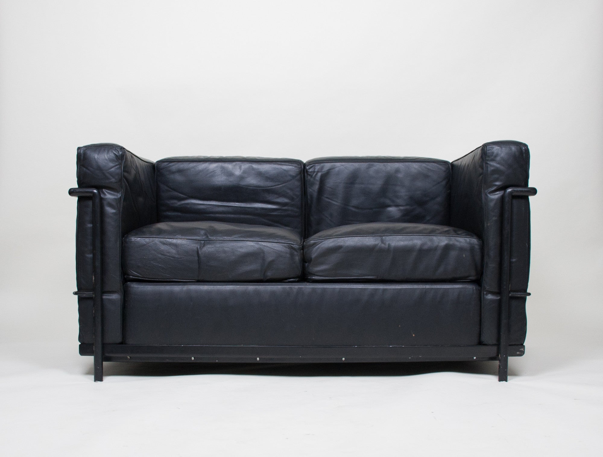 SOLD Le Corbusier Black Leather Black Frame LC2 Petit Modele Two Seater Sofa