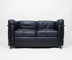 SOLD Le Corbusier Black Leather Black Frame LC2 Petit Modele Two Seater Sofa