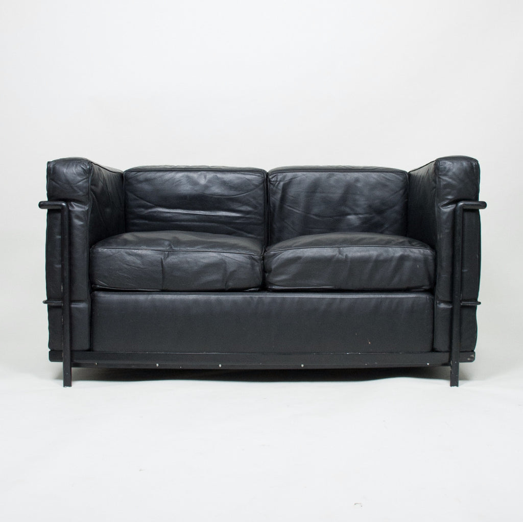 SOLD Le Corbusier Black Leather Black Frame LC2 Petit Modele Two Seater Sofa