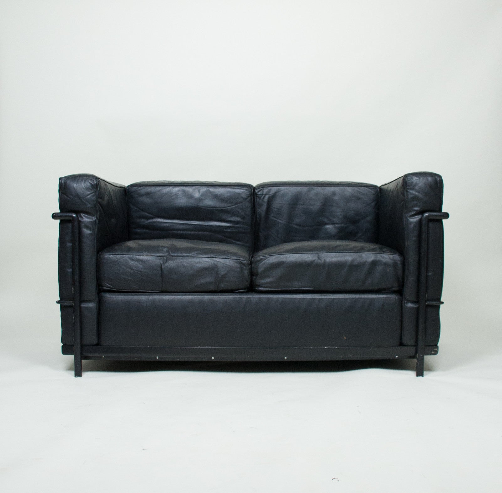 SOLD Le Corbusier Black Leather Black Frame LC2 Petit Modele Two Seater Sofa