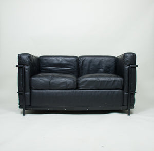 SOLD Le Corbusier Black Leather Black Frame LC2 Petit Modele Two Seater Sofa