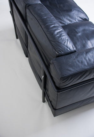 SOLD Le Corbusier Black Leather Black Frame LC2 Petit Modele Two Seater Sofa