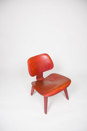 SOLD Eames Herman Miller Early 50's LCW Early Red Aniline, All Original Lounge Chair