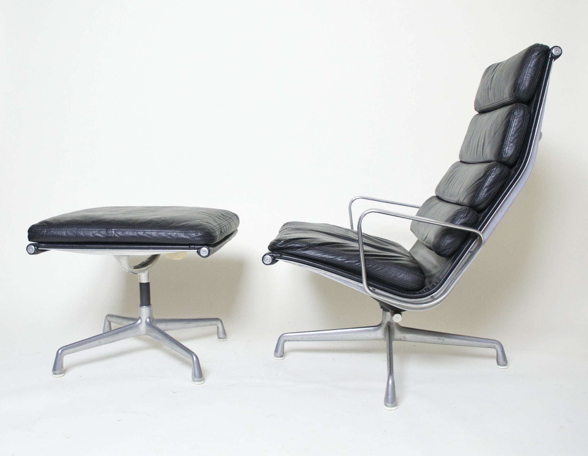 SOLD Eames Herman Miller Soft Pad Aluminum Lounge Chair with Ottoman Black Leather