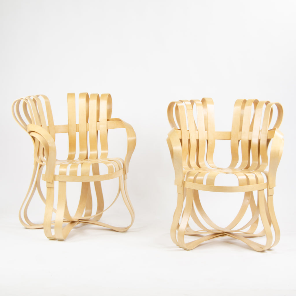 SOLD 2001 Frank Gehry for Knoll Cross Check Arm Chairs Maple Pair