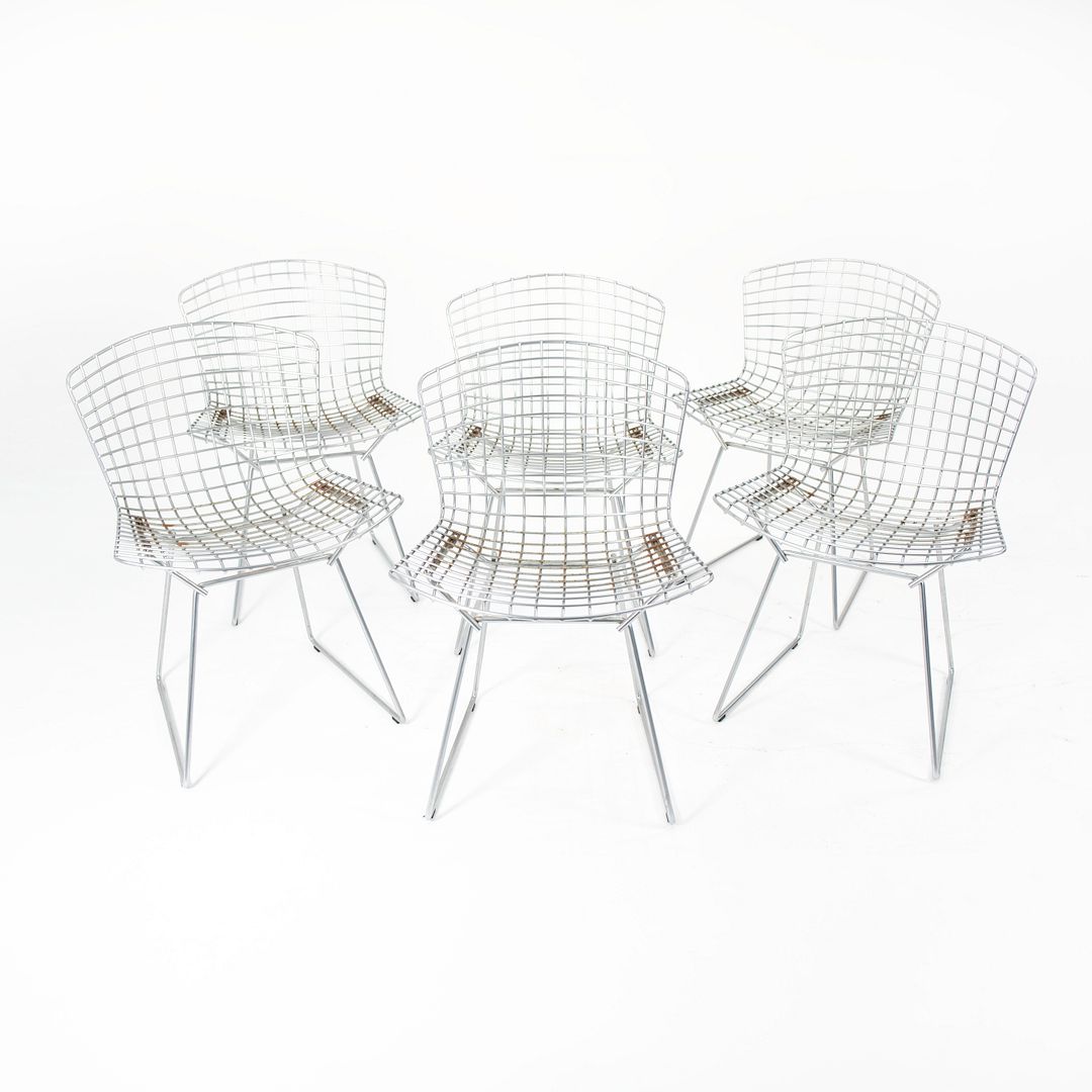 2000s Set of Six 420C Bertoia Side Chairs by Harry Bertoia for Knoll in Satin Chromed Steel and Orange Fabric