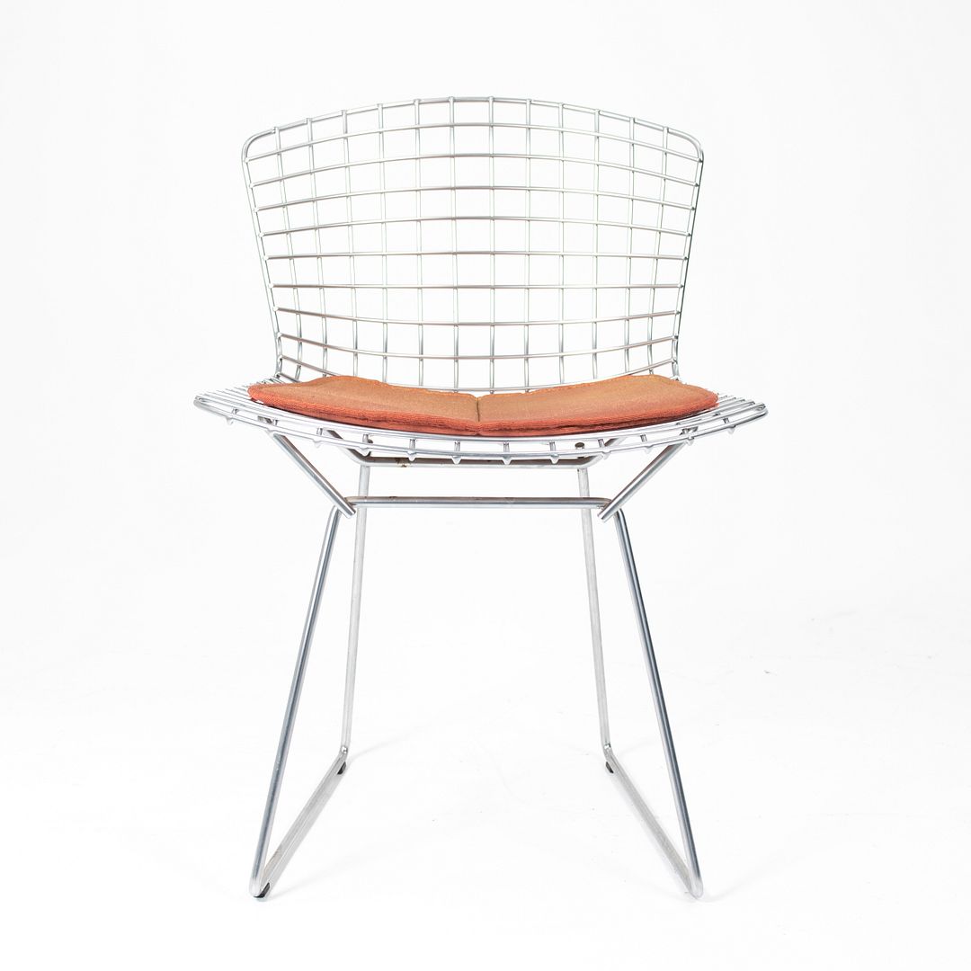 2000s Set of Six 420C Bertoia Side Chairs by Harry Bertoia for Knoll in Satin Chromed Steel and Orange Fabric