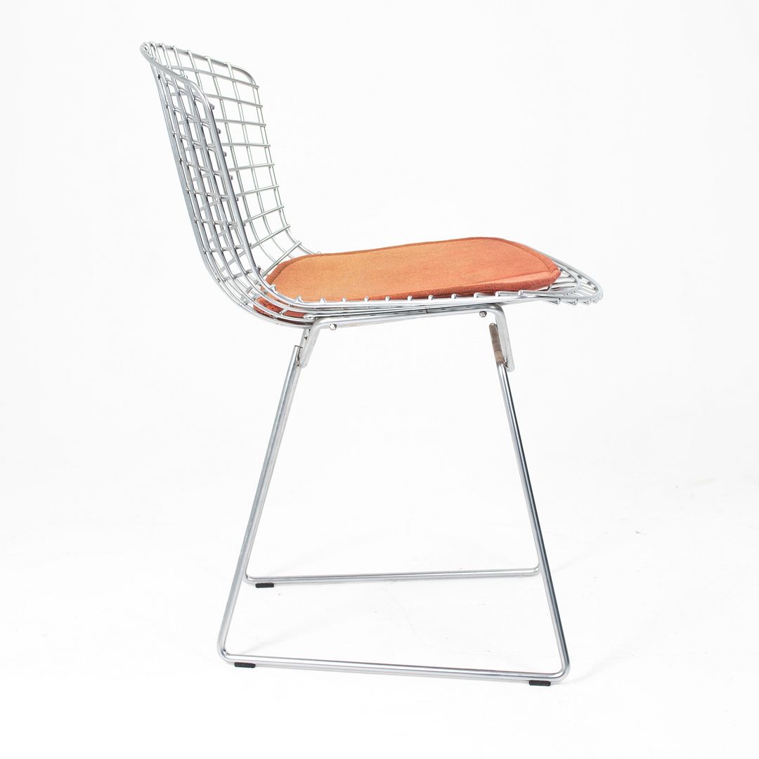 2000s Set of Six 420C Bertoia Side Chairs by Harry Bertoia for Knoll in Satin Chromed Steel and Orange Fabric