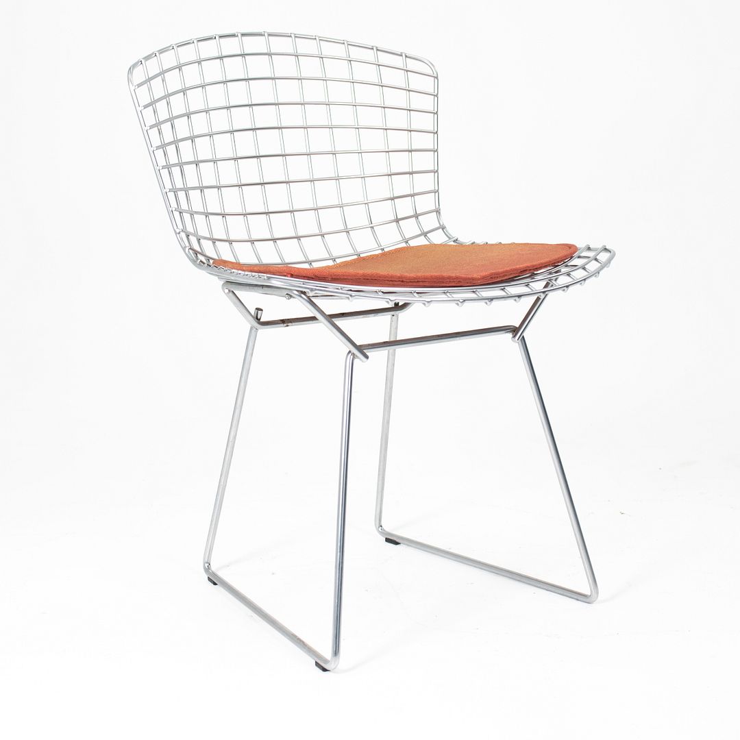 2000s Set of Six 420C Bertoia Side Chairs by Harry Bertoia for Knoll in Satin Chromed Steel and Orange Fabric