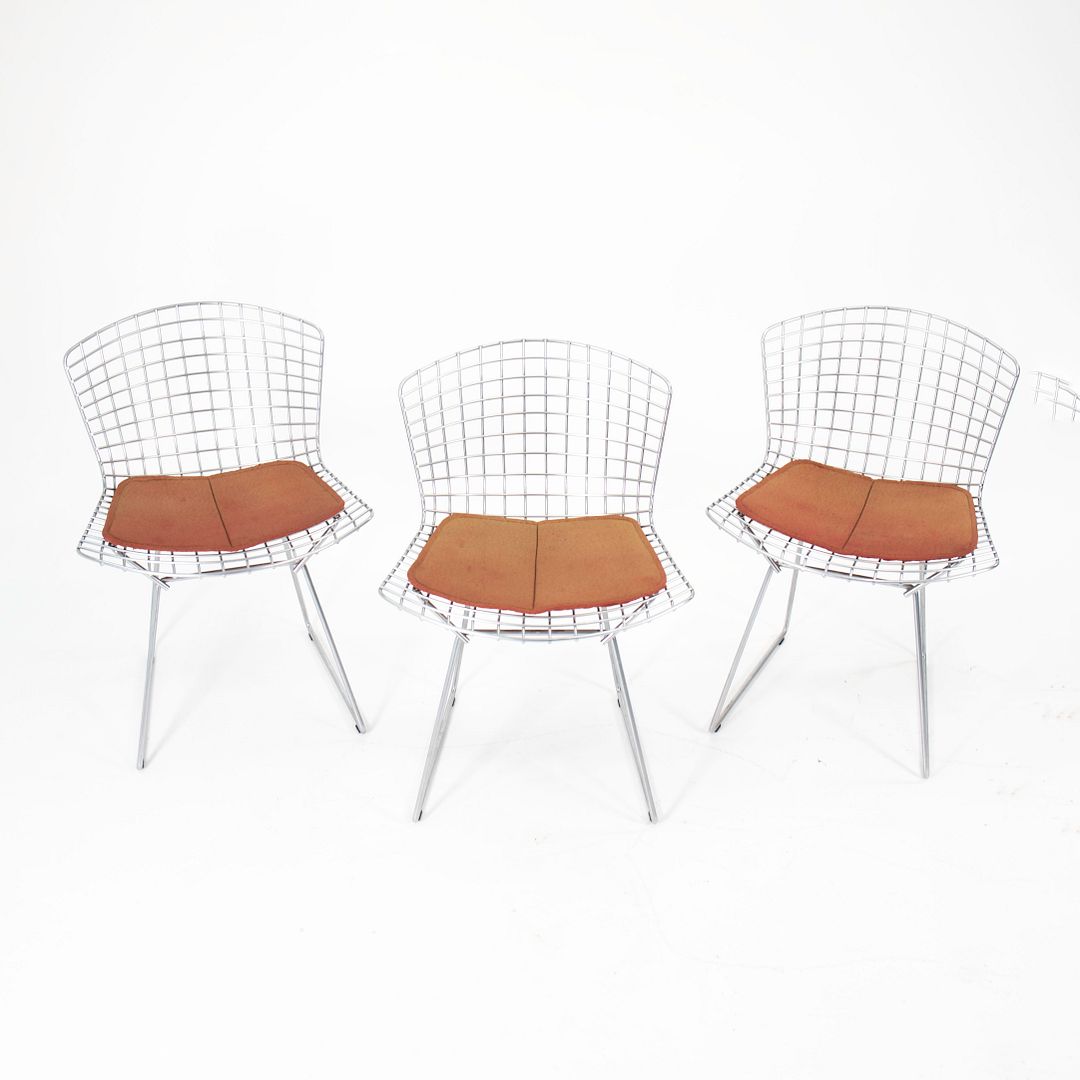 2000s Set of Six 420C Bertoia Side Chairs by Harry Bertoia for Knoll in Satin Chromed Steel and Orange Fabric